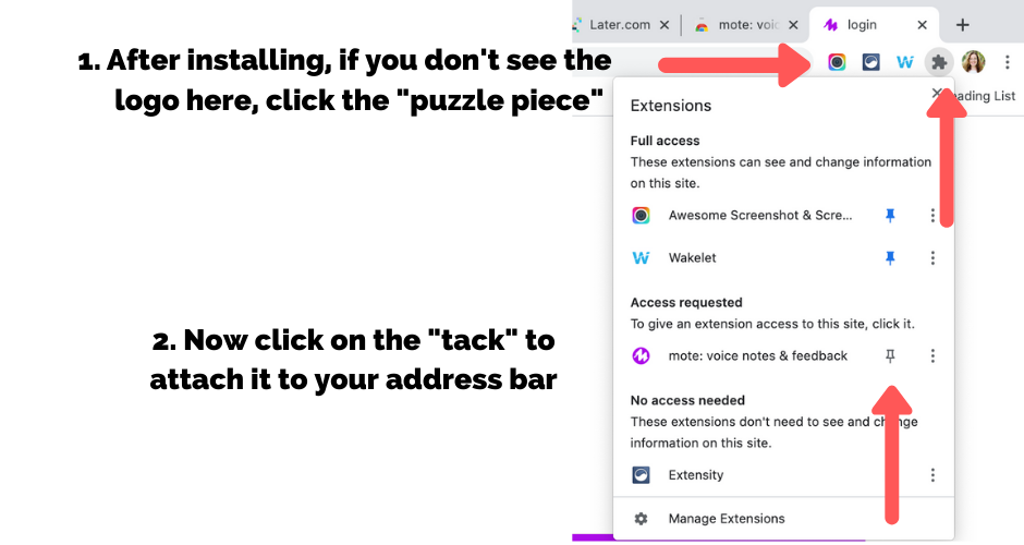 Click on the puzzle piece icon to tack the extension to your chrome bar