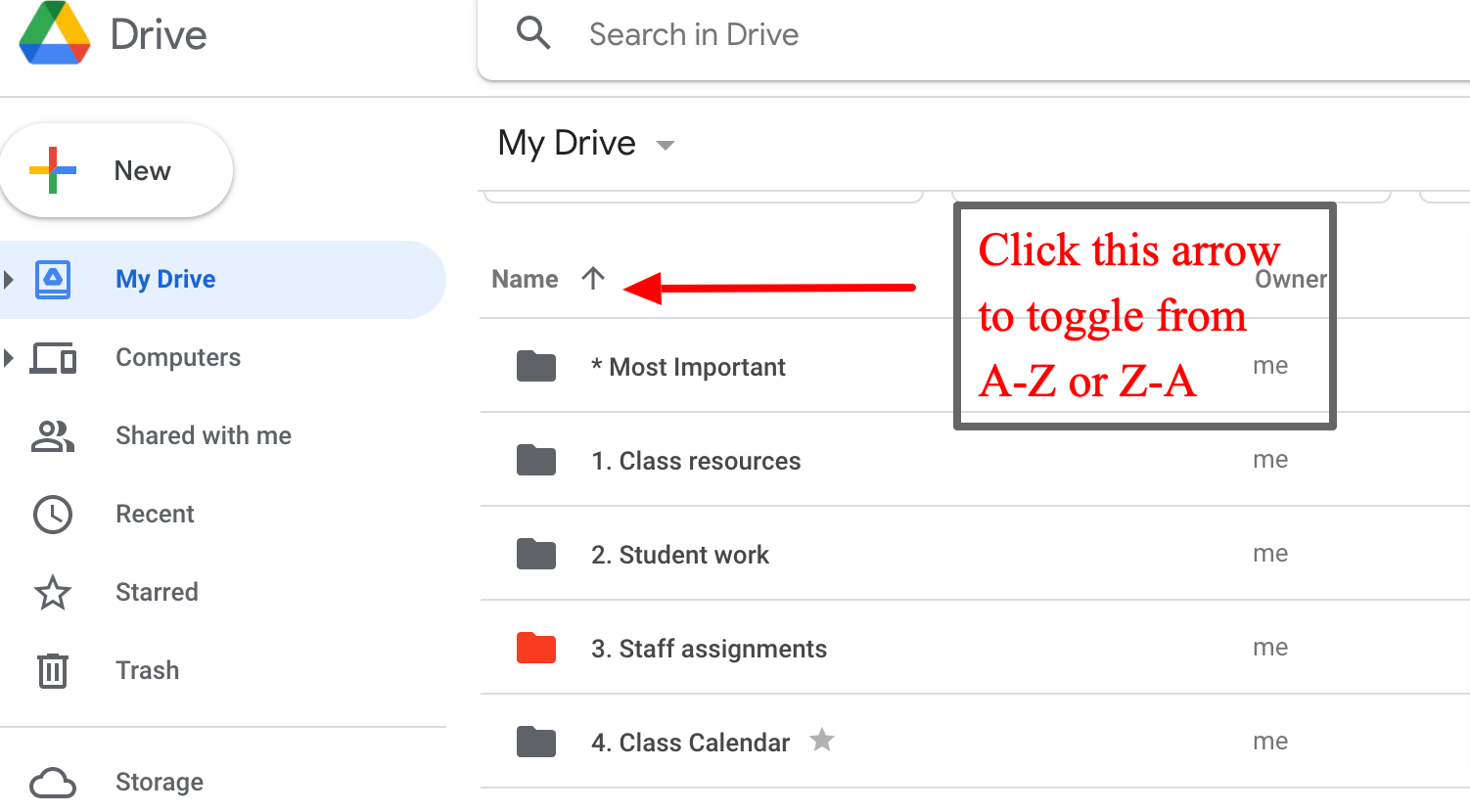 Google Drive arrow for file order