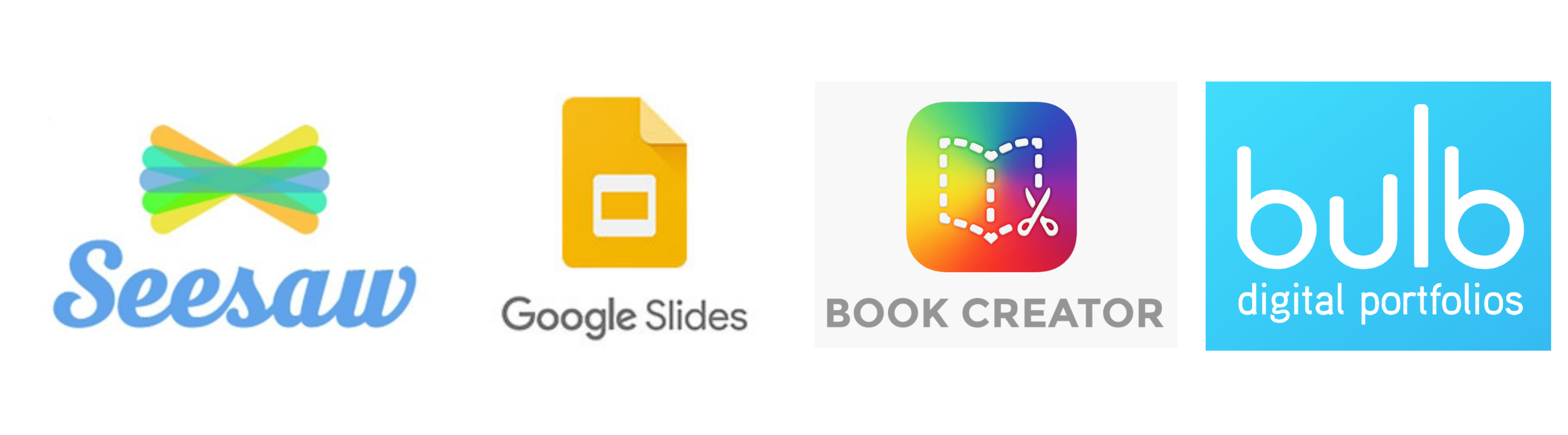 Logos of Portfolio Apps, SeeSaw, Google Slides, Book Creator and Bulb