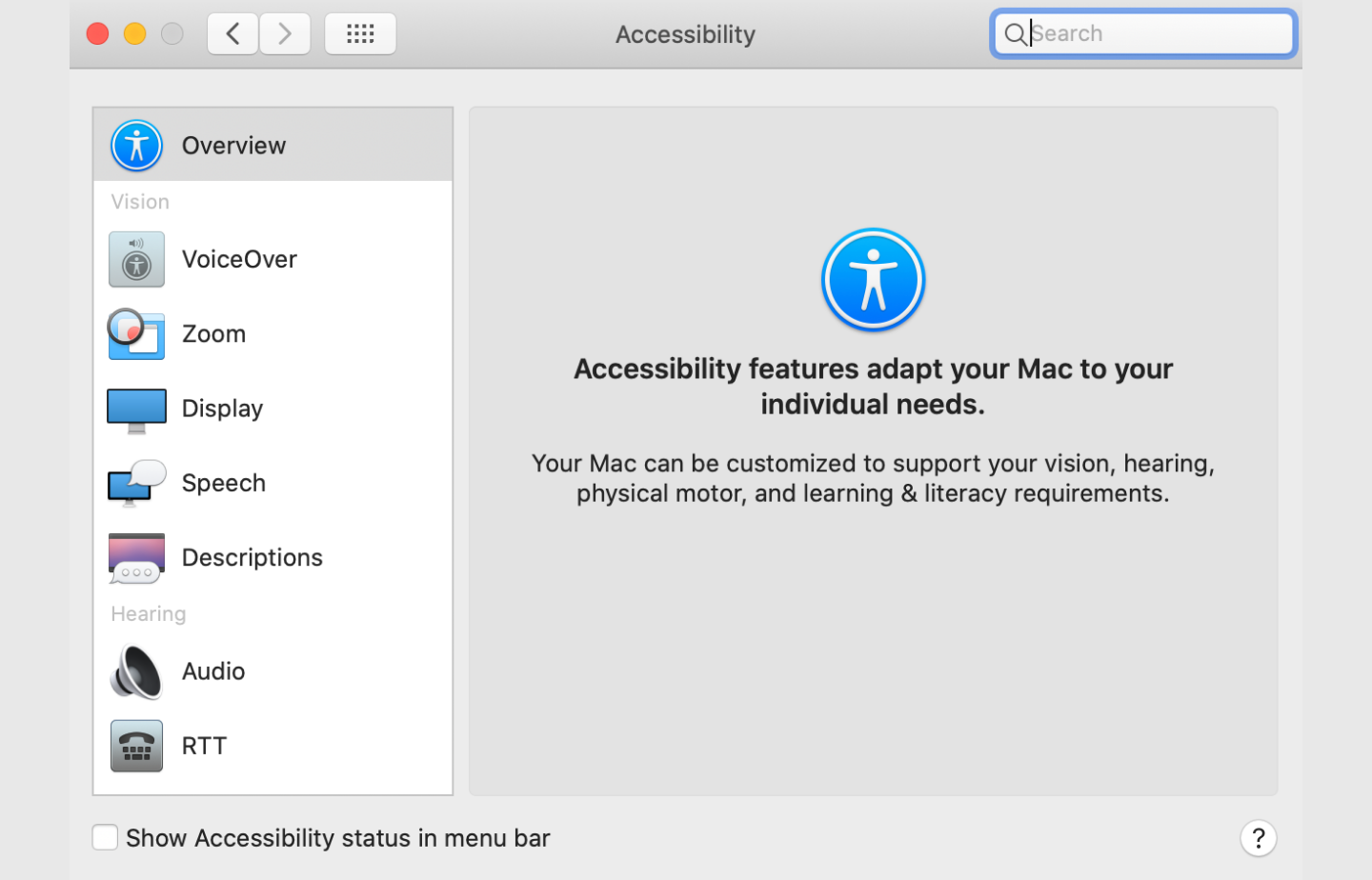 Accessibility menu on a Mac