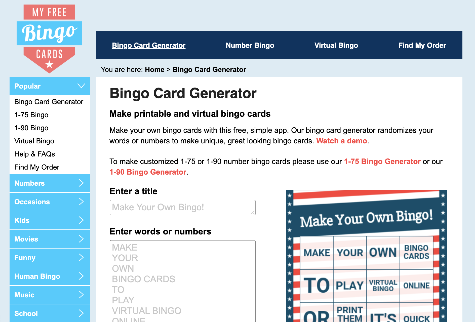 Screenshot of Bingo Card Generator